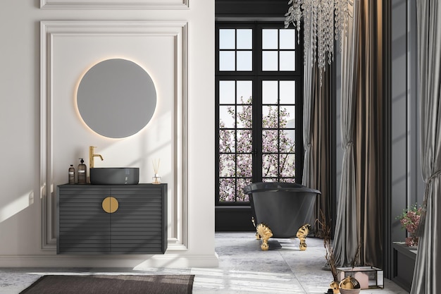 Salle de bain de luxe moderne avec mobilier de salle de bain noir, lavabo ovale, miroir ovale accroché au mur beige.