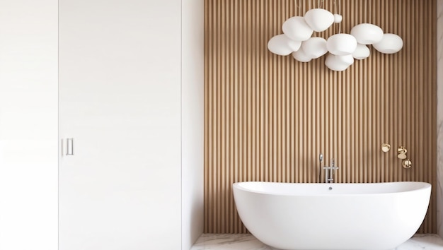 salle de bain de luxe avec sol en marbre blanc et mur en bois