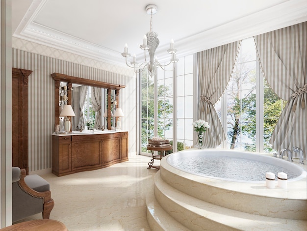 Intérieur De Salle De Bain élégant Avec Accessoires De Bain Baignoire Et  Roses Avec Cannes Sur Table En Marbre