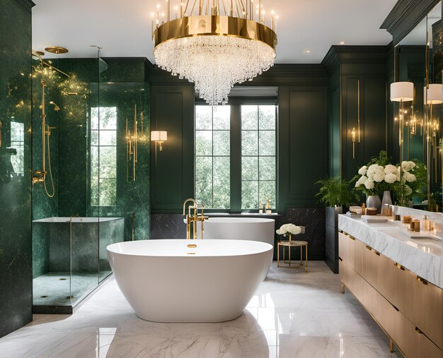 Salle de bain luxueuse avec baignoire autoportante, douche à effet pluie, sol chauffant et carrelage en marbre