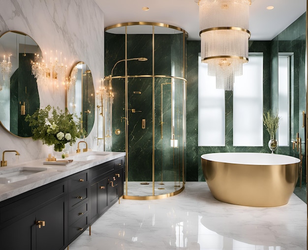Salle de bain luxueuse avec baignoire autoportante, douche à effet pluie, sol chauffant et carrelage en marbre
