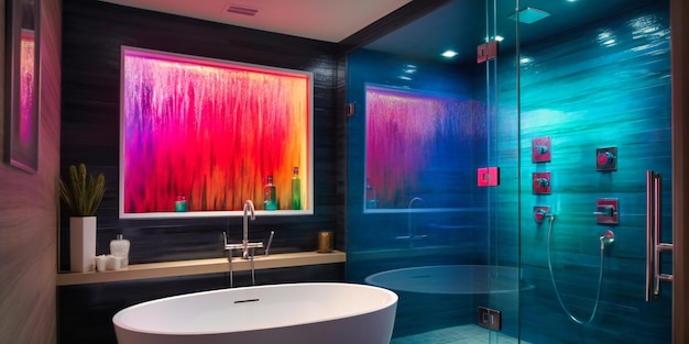 Une salle de bain luxueuse avec baignoire et douche à effet pluie entourée d'un mur d'eau en cascade créant une atmosphère dramatique et vivifiante