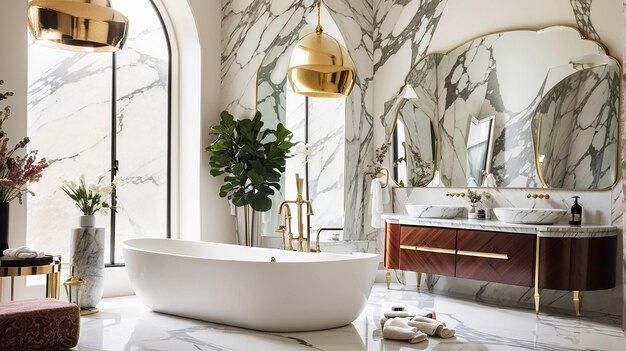 Une salle de bain luxueuse avec un comptoir en marbre, une baignoire autoportante et un miroir remarquable