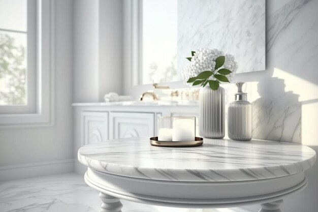 Une salle de bain en marbre blanc avec une table blanche avec une bougie blanche dessus.