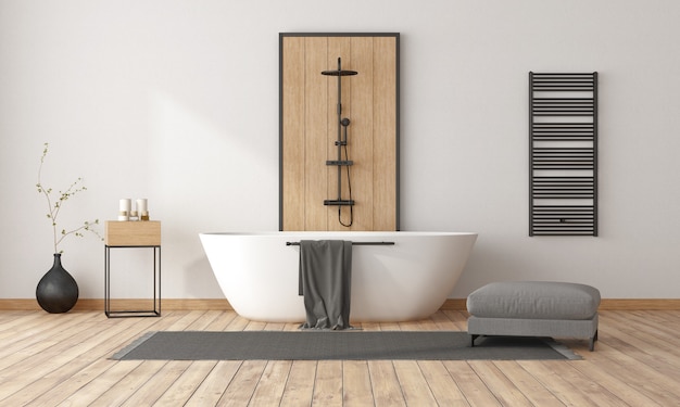 Salle de bain minimaliste avec baignoire et douche, panneau décoratif en bois et radiateur noir