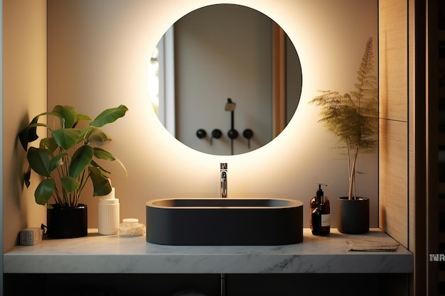 Une salle de bain minimaliste en gros plan avec un miroir avec un cadre éclairé IA générative
