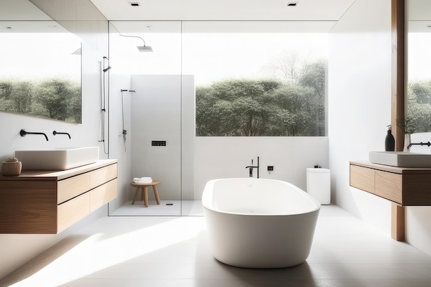 Une salle de bain minimaliste lumineuse avec des éléments en bois