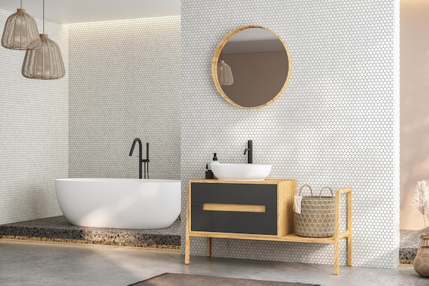 Salle de bain minimaliste moderne intérieur meuble de salle de bain moderne évier blanc vanité en bois plantes d'intérieur accessoires de salle de bain baignoire et douche murs blancs et carrelage sol en béton rendu 3d