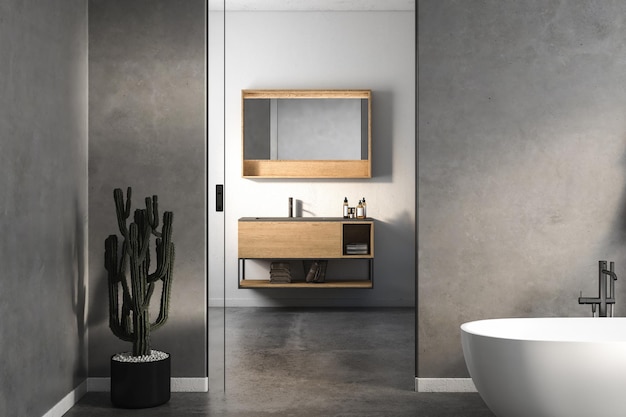 Salle de bain minimaliste moderne intérieur meuble de salle de bain moderne évier blanc vanité en bois plantes d'intérieur accessoires de salle de bain baignoire murs blancs et béton sol en béton rendu 3d