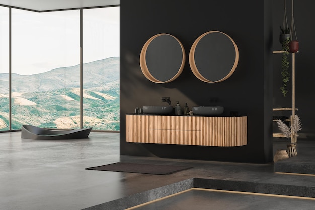 Salle de bain minimaliste moderne intérieur meuble de salle de bain moderne évier blanc vanité en bois plantes d'intérieur accessoires de salle de bain baignoire murs noirs sol en béton rendu 3d