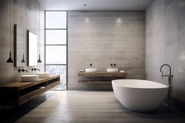 Salle de bain minimaliste avec sol en béton et table avec accessoires IA générative