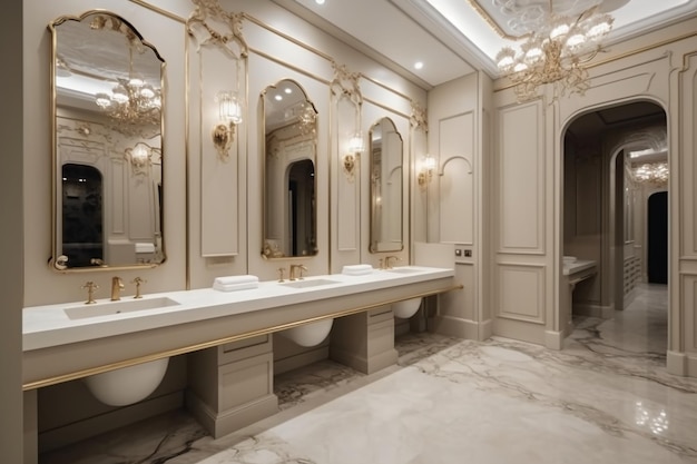 Une salle de bain avec un miroir et deux lavabos