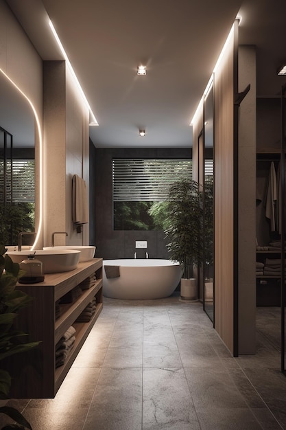 Une salle de bain avec un miroir rond et une baignoire avec un lavabo blanc et un rideau noir.