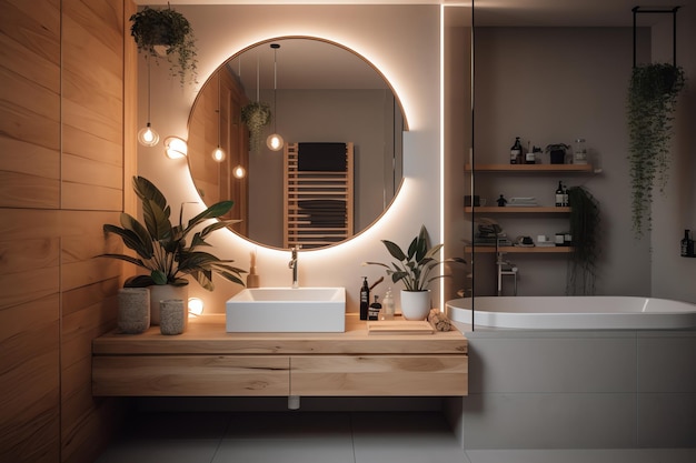 Une salle de bain avec un miroir rond et un grand miroir rond.