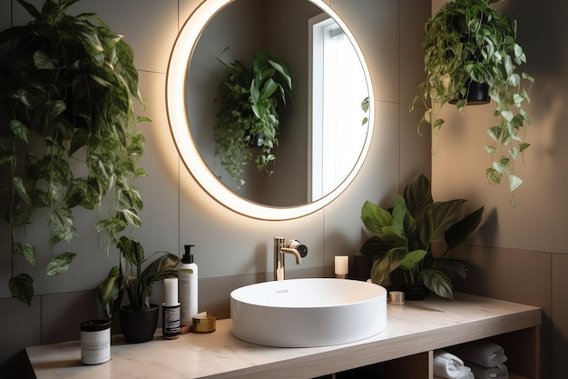Une salle de bain avec un miroir rond et un miroir rond avec une lumière autour.