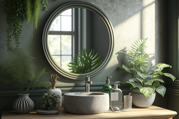 Salle de bain avec miroir rond de style tropical et plantes vertes Maquette d'intérieur de salle de bain moderne et élégante AI générative