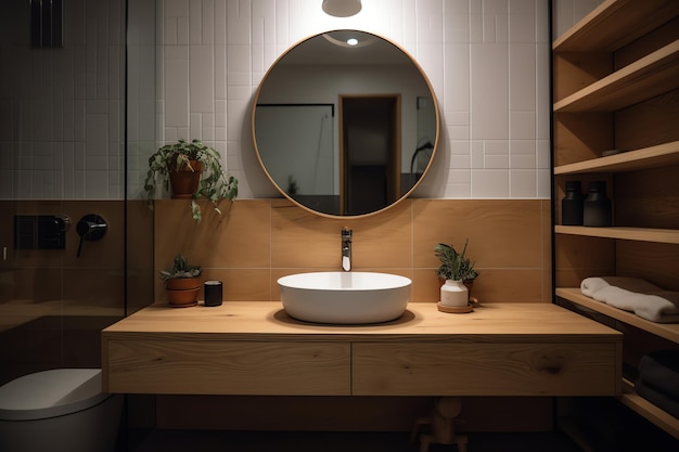 Une salle de bain avec un miroir rond et une vanité en bois avec un miroir rond.
