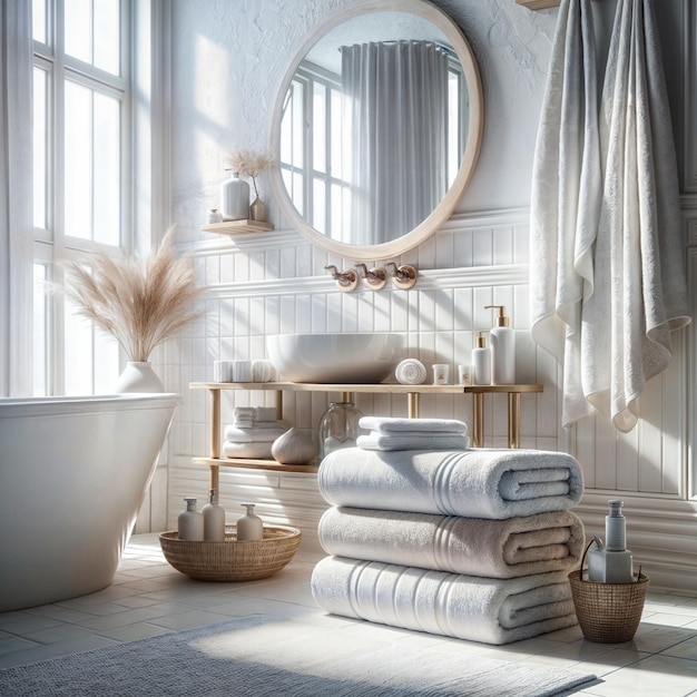 une salle de bain avec un miroir et des serviettes sur le sol