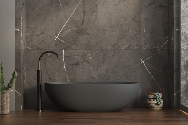 Une salle de bain moderne avec une baignoire anthracite, des carreaux de céramique en marbre sur le parquet du mur arrière, des plantes et un panier rendu 3d