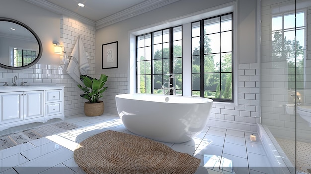 Une salle de bain moderne avec une baignoire blanche indépendante, des murs en carreaux et une fenêtre avec vue sur les arbres