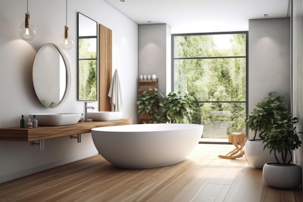 Salle de bain moderne avec baignoire blanche spacieuse et lumière naturelle provenant d'une fenêtre AI générative