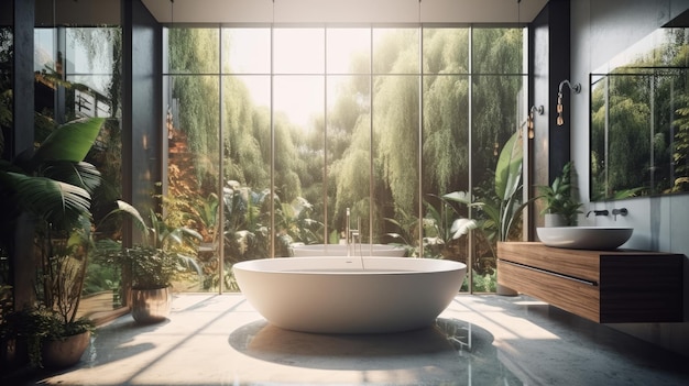 Salle de bain moderne avec baignoire et grandes fenêtres générées par l'IA