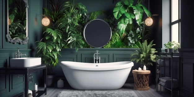 Une salle de bain moderne avec baignoire et plantes