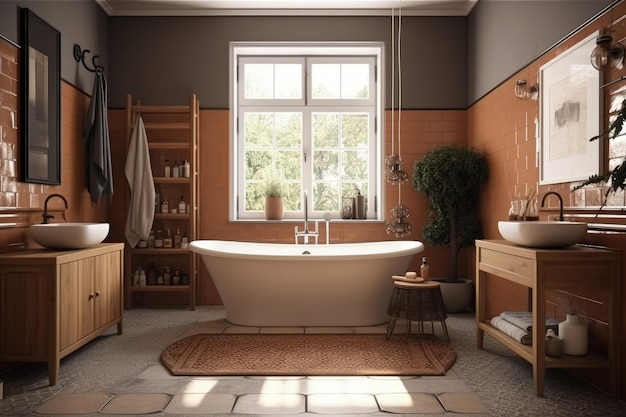 Salle de bain moderne avec baignoire relaxante, lavabo élégant et lumière naturelle provenant d'une fenêtre AI générative