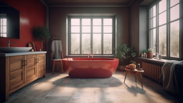 Salle de bain moderne avec baignoire rouge Créée avec la technologie IA générative