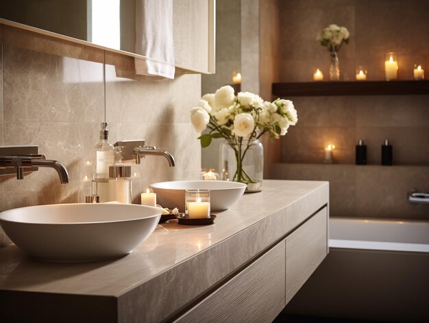 Une salle de bain moderne avec un bassin de comptoir, un grand miroir et des accessoires verts.