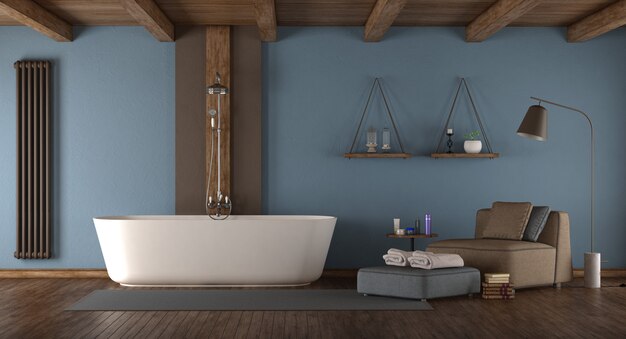 Salle de bain moderne bleue avec baignoire