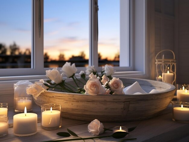 Photo une salle de bain moderne avec des bougies au milieu et des décorations blanches