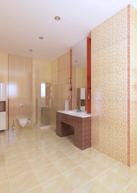 Salle de bain moderne de couleur jaune et bordeaux avec fenêtre. rendu 3D