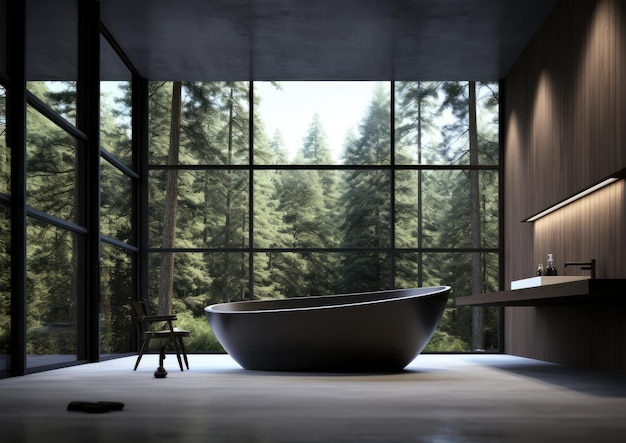 Une salle de bain moderne avec un design minimaliste élégant avec une baignoire autonome entourée de