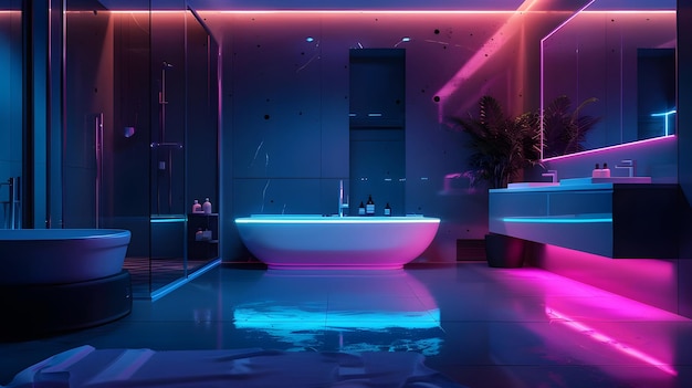 Une salle de bain moderne avec éclairage ambiant et des caractéristiques futuristes générées par Ai