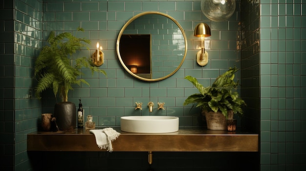 Une salle de bain moderne avec évier, miroir et plantes