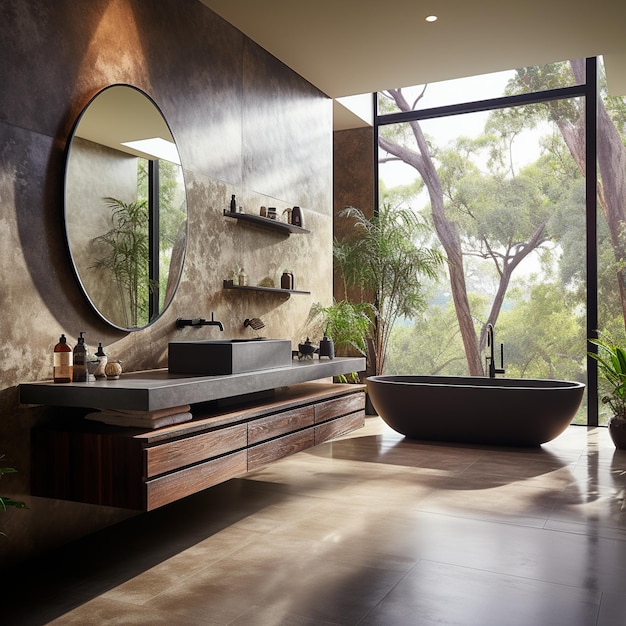 salle de bain moderne avec fenêtre en bois
