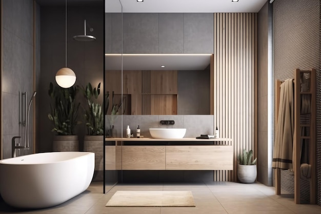 Salle de bain moderne avec une grande baignoire blanche et un lavabo Generative AI