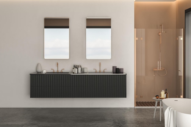 Salle de bain moderne avec meuble de luxe baignoire blanche cabine de douche fenêtre et sol en béton aux murs beiges et blancs pour un rendu look3d épuré et sophistiqué