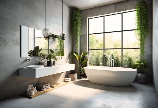 Une salle de bain moderne avec plantes et pots