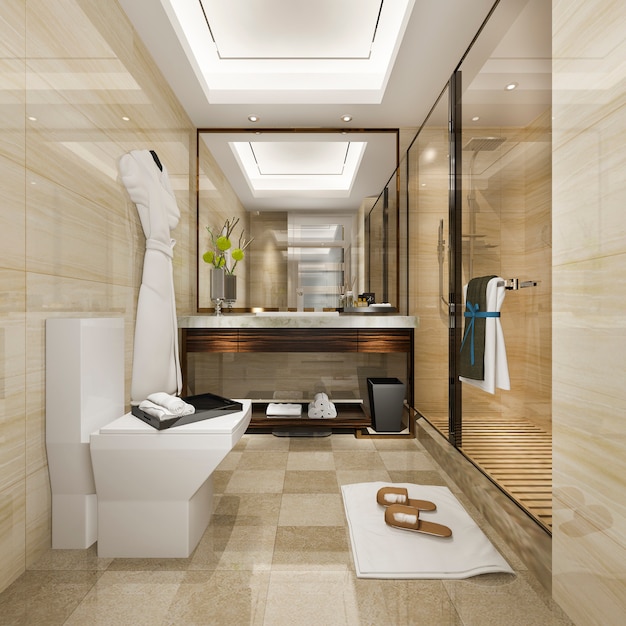 Salle de bain moderne de rendu 3D avec un décor de carreaux de luxe