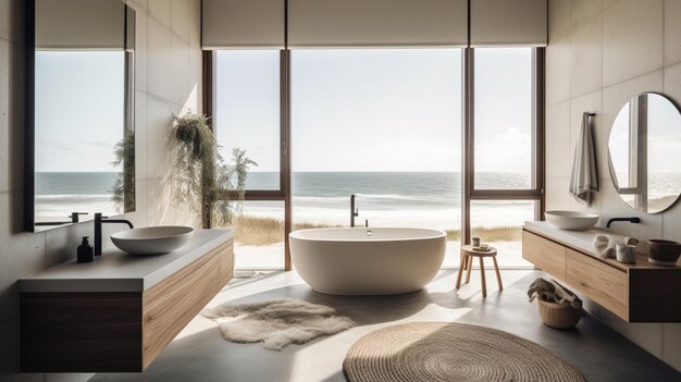 Une salle de bain moderne avec vue sur l'océan