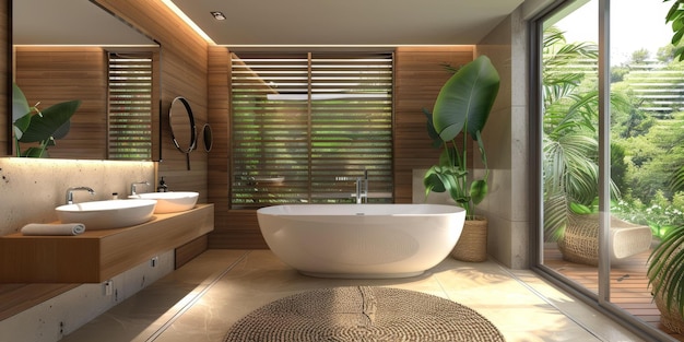 Une salle de bain moderne avec vue sur les palmiers