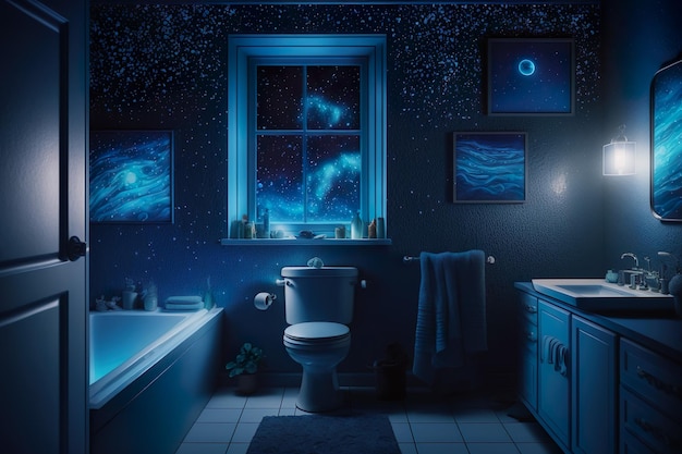 Une salle de bain avec un mur bleu foncé et une image d'une lune et d'étoiles.