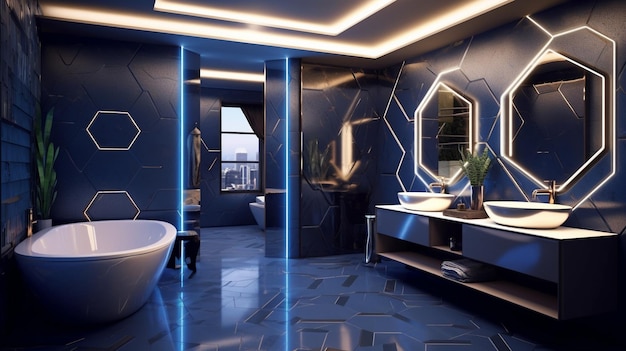 Une salle de bain avec un mur bleu et un lavabo avec un miroir qui dit "le mot" dessus.