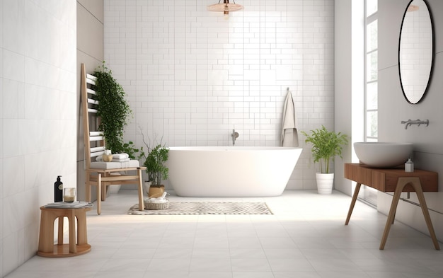 Une salle de bain avec un mur en carrelage blanc et une baignoire blanche avec une plante dessus.