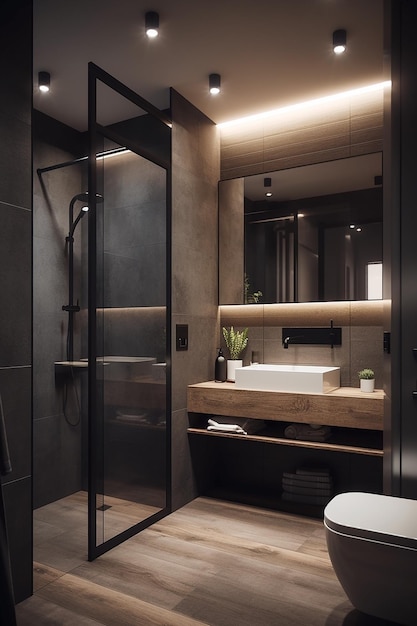 Une salle de bain avec un mur noir et une porte de douche en verre.