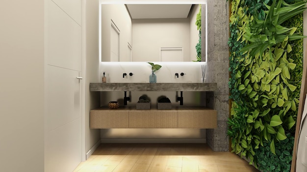 Une salle de bain avec un mur de plantes et un miroir qui dit "le mot" dessus.