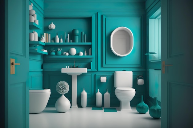 Une salle de bain avec un mur turquoise et un WC et un lavabo.