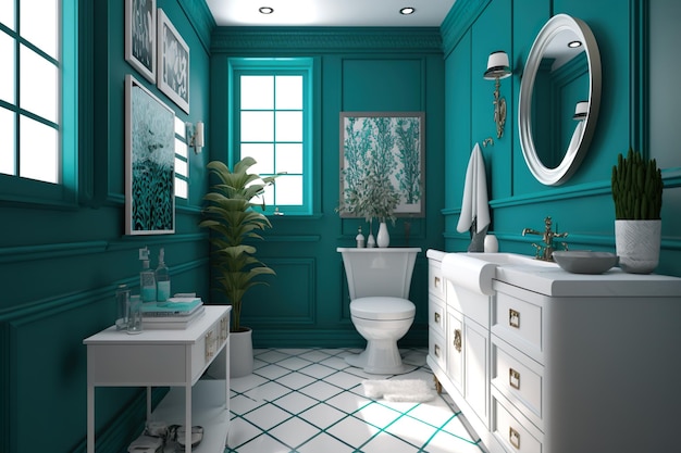 Une salle de bain avec des murs bleu sarcelle et des toilettes blanches et un miroir qui dit bleu sarcelle